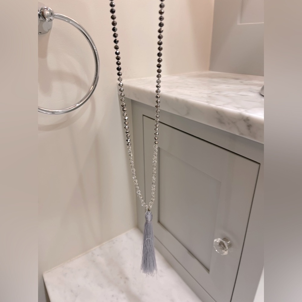 Sparkly gray tassel long necklace